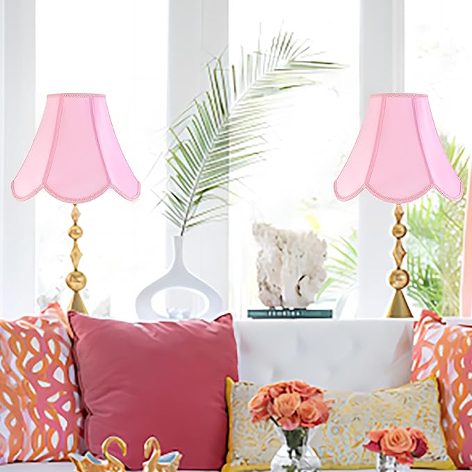 GO&SO 2Pcs Pink Lamp Shade Medium Scalloped Lamp Shade,6"Top x 13"Bottom x 10.6"Vertical Height (Spider),Bell Lamp Shades for Table Lamps&Floor lamp,Edge Petal Braid Modern lamp shade -Easy Assembly