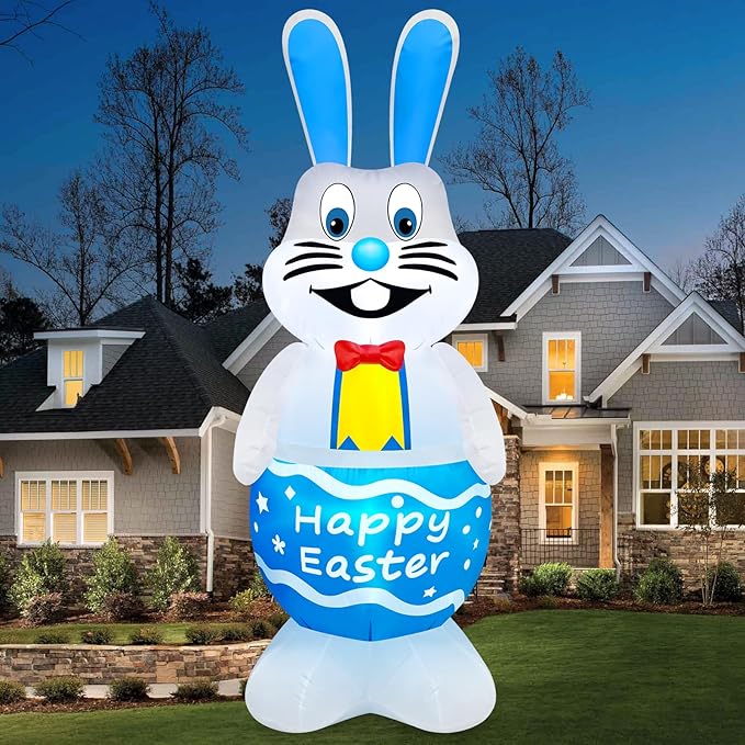 MICOCAH 5FT Tall Easter Inflatable Bunny Outdoor Decoration, Standing Cute Blow Up Blue Rabbit Yard Decoration with Colorful LED Lights, Spring Blowups for Lawn, Garden, Patio, Holiday, Party