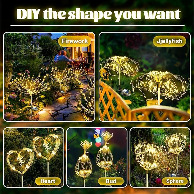 Anordsem Solar Garden Lights Outdoor: 4 Pack Bendable Copper Wire with 120 LED Firework Beads - Waterproof DIY Fairy Warm Decorating Yard Patio - Gardening Gifts for Parents Homeowner