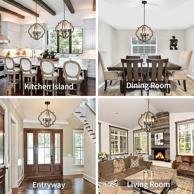Farmhouse Orb Chandelier, 4-Light Rustic Wood Chandelier for Dining Room, 15.74'' Pendant Light for Kitchen Island Hallway Foyer Entryway Bedroom