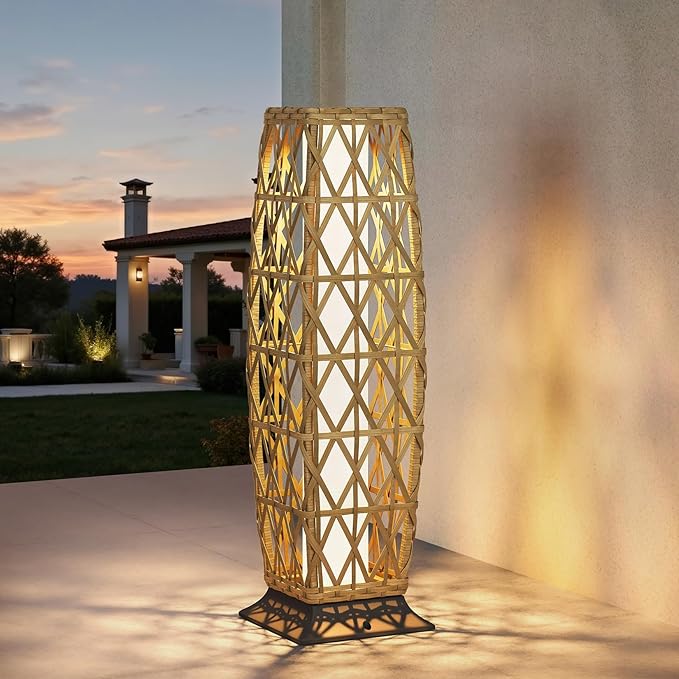 Grand patio 2-Piece Outdoor Floor Lamp Solar Lantern, Water-Resistant Wicker Boho Patio Light with 50/100 Lumens Dual Brightness & Memory Mode for Garden Porch Deck Decor, Large Cindy Natural