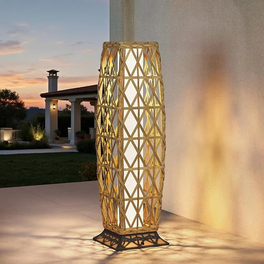 Grand patio Outdoor Floor Lamp Solar Lantern, Water-Resistant Natural Wicker Boho Patio Light with 50/100 Lumens Dual Brightness & Memory Mode for Garden Porch Deck Decor, Large Cindy Natural