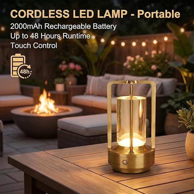 Cordless Table Lamp for Outdoor Indoor Rechargeable LED Crystal Lantern Lamp, 3 Color Stepless Dimming Touch Portable Metal Desk Lamp for Bedroom Restaurant Home Gold