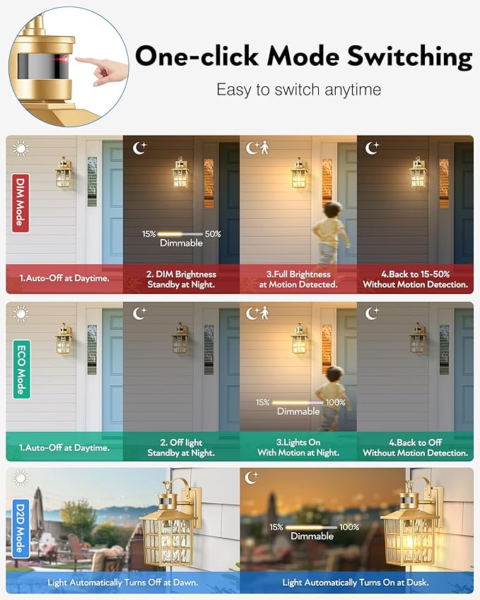 VIANIS 2 Pack Gold Motion Sensor Porch Lights Outdoor, Modern Exterior Lighting Fixtures Wall Mount for House, 100% Aluminum Waterproof Outdoor Sconce Lights, Anti-Rust Exterior Garage Light Fixtures