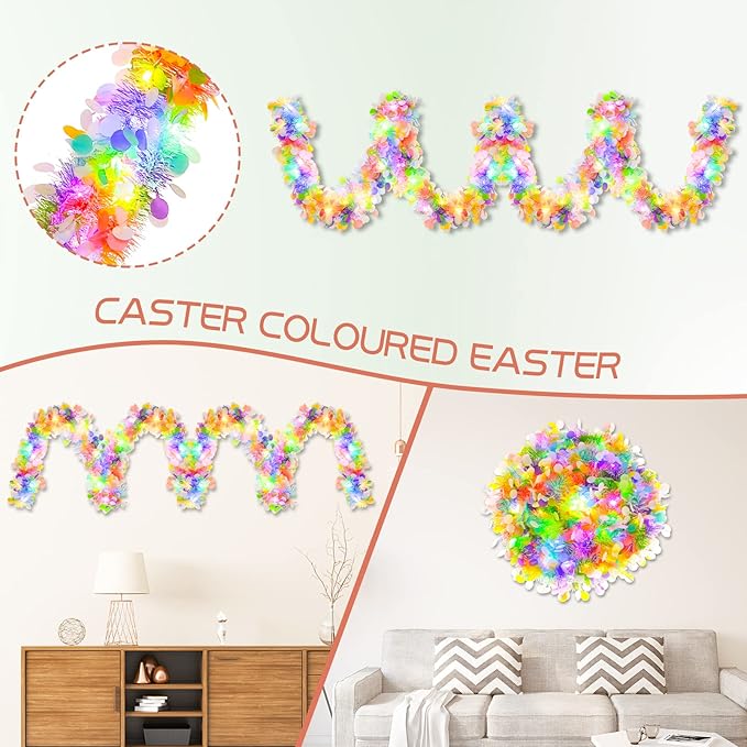 33FT Easter Tinsel Garland with LED Lights Prelit Easter Egg Metallic Twist Tinsel Garland Battery Operted Lighted Colorful Foil Hanging Garland for Tree Stairs Mantle Decoration Party Supply