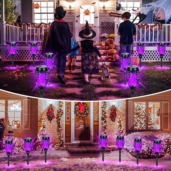 Solar Lights Outdoor Halloween Decorations, Upgraded 16 Pack Purple Solar Torch Lights with Flickering Flame, Waterproof Halloween Lights Outdoor, Tiki Torches for Outside Patio Pathway Decor