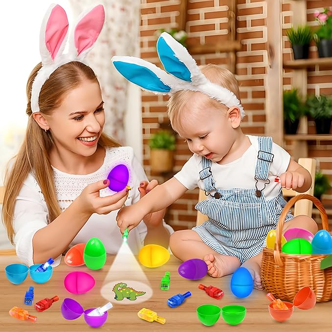 24Pcs Pre filled Easter Eggs with Egg Fillers Finger Lights, Easter Basket Stuffers for Teens Toddler Boys Girls Plastic Easte r Eggs Filled Toys for Kids Party Favors Gifts Glow In The Dark Egg Hunt