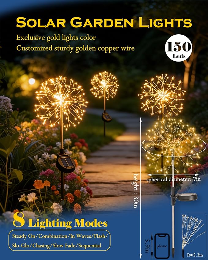 Solar Garden Lights Outdoor Yard Decorations, 2 Pack 150Leds Pathway Lights Stake, Fairy Firework Light for Garden, Patio, Pathway, Flowerbed Gold Color