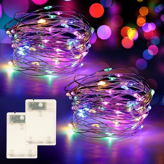 Fairy Lights Battery Operated String Lights 16.4ft 50LED Flashing and Constant Light Waterproof Silver Wire for Christmas DIY Party Wedding Decoration (Multicolor, 2 Pack)