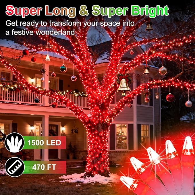 1500 LED 470FT Christmas String Lights Outdoor, 12 Pro Modes and Timer Memory & Brightness, Plug in Waterproof Dark Green Wire Twinkle Light for for Xmas Yard Tree Wedding Party Decor (Red)