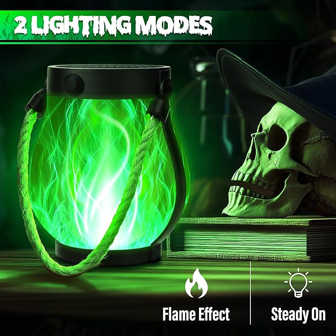 iBaycon 1 Pack Solar Lanterns Lights, Halloween Flickering Flame Garden Lights with 2 Modes Dual Charging USB & Solar, Outdoor Waterproof Hanging Lantern for Party Holiday Halloween Decor (Green)