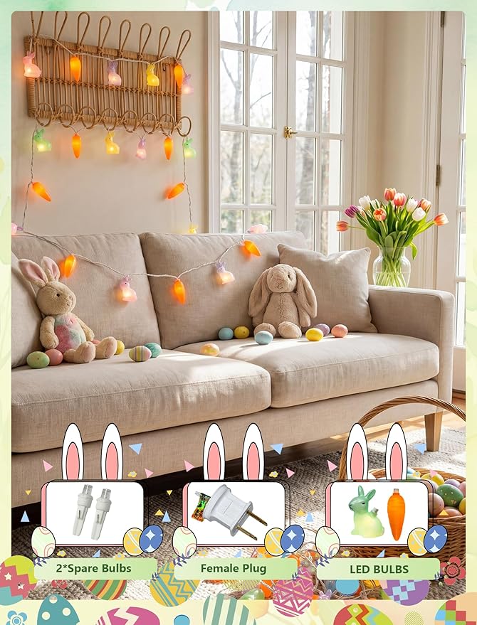 Abeja Multicolored Rabbit Carrot String Light, 8.5FT LED Easter Fairy Light with 10 LED Rabbit Carrot Lights, Easter String Lights for Kids Bedroom Garden Wall Home Easter Decorations
