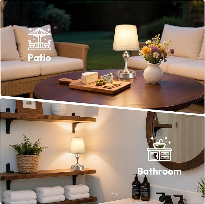 NIORSUN Portables Cordless Table Lamp, 10.2" Battery Operated Lamp, Bedside Table Lamp with Warm White,3 Way Dimmable Touch Desk Lamp for Bedroom Living Room Restaurant Whtie Shade (Silver)