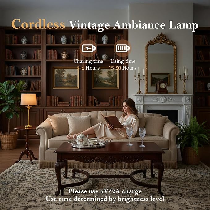 Mid Century Modern Cordless Table Lamp, Gold Glam Table Lamp with Tapered Fabric Shade, Classic Elegant Table Lamp for Living Room Bedroom Entryway Console, Detachable Magnetic Bulb, 10000mAh