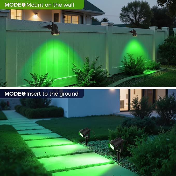 L LOHAS LED Green Spotlight Outdoor, Tree Spot Lights for Yard, Auto On/Off 5W 120V Landscape Lighting for House, Holiday, Christmas Decoration, 450LM IP66 Waterproof, UL Listed, 2 Pack