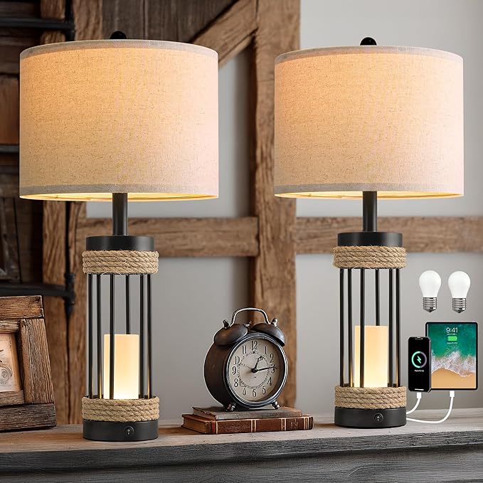 OYEARS 25" Table Lamps Set of 2 with Night Light, Rustic Bedside Lamps with USB C+A Charging Ports, Black Metal Lamp with Rope Accent and Frosted Glass, Farmhouse Lamps for Living Room Bedroom