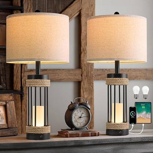 OYEARS 25" Table Lamps Set of 2 with Night Light, Rustic Bedside Lamps with USB C+A Charging Ports, Black Metal Lamp with Rope Accent and Frosted Glass, Farmhouse Lamps for Living Room Bedroom