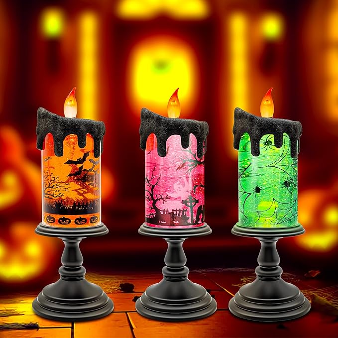 Halloween Spider Snow Globe Candle – LED Flameless Candle with Black Drip, Spooky Spider Web Design, Battery Operated Halloween Decoration for Table, Mantel, Party, Indoor Decor