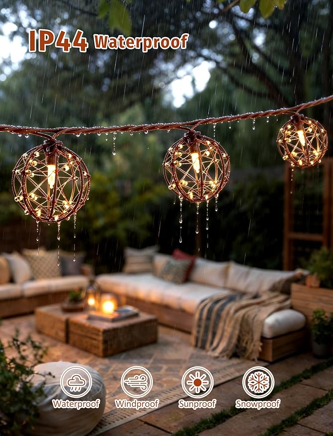 8.5Ft Outdoor Decorative Patio Lights, 10L Beaded Copper Wire Ball Style Lantern Lights, Connectable Weather-Resistant Indoor Outdoor Boho String Lights for Home Pergola campings Porch Party Backyard