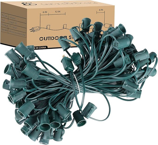 100FT C9 Light String Christmas Stringer, E17 Light Sockets 12" Spacing, C9 Stringer Set Green Outdoor String Light Strand for Wedding Patio Event Lighting Decor, Green Wire