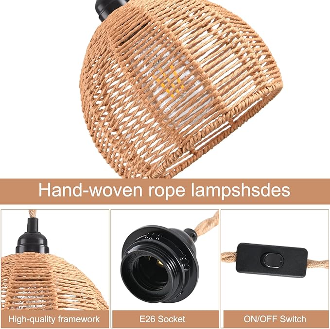 Plug in Pendant Light, Industrial Hanging Light with Plug in Cord Hemp Rope On/Off Switch Farmhouse Pendant Lamp with Plug in Cord, Vintage Hanging Lamps for Dining Room