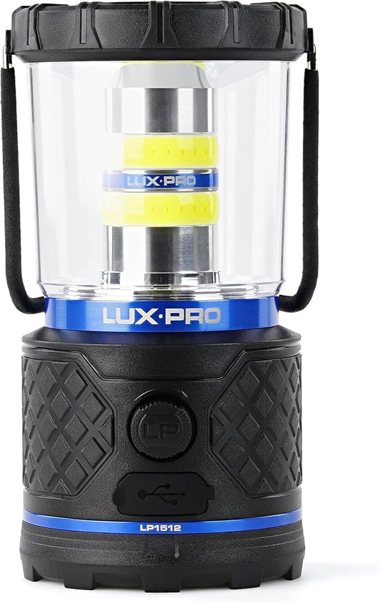 LUXPRO Rechargeable Dual-Power 1100 Lumen LED Lantern for Up to 150 Hours of Use - Camping Lantern with Built-in Power Bank - Dimmable LED Light with IPX4 Water-Resistant Rating