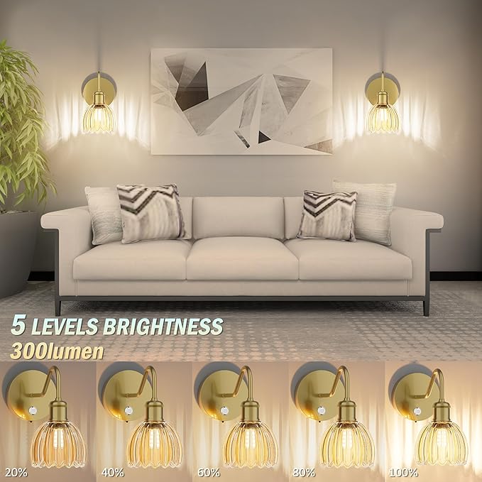 2 Pack Battery Powered Wall Sconce with Amber Tulip Glass Lampshade, Rechargeable Dimmable LED Wall Sconce for Living Room, Hallway, Bedroom, Dining Room