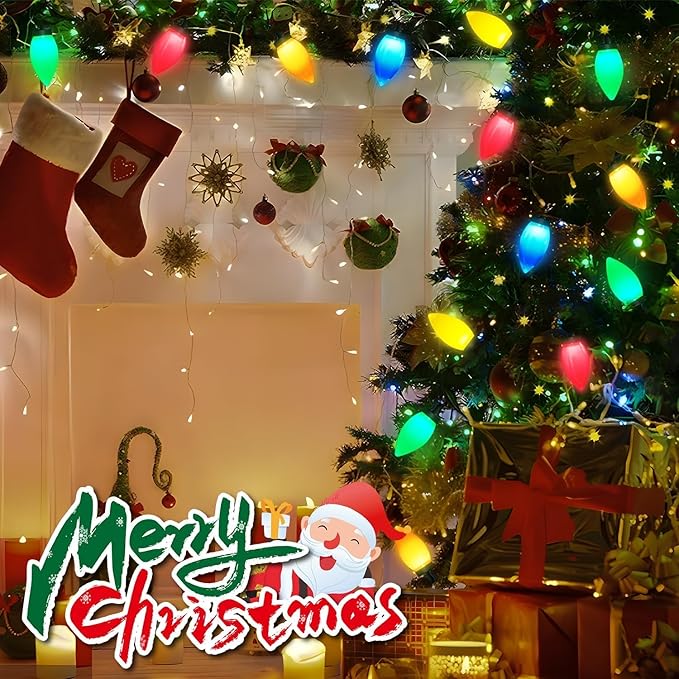 C9 Christmas LED String Lights, 23 Ft LED Vintage Multicolor Lights with 35 LED C9 Colorful Light Bulbs, Outdoor String Lights for Christmas Party Backyard Wedding- Green Wire