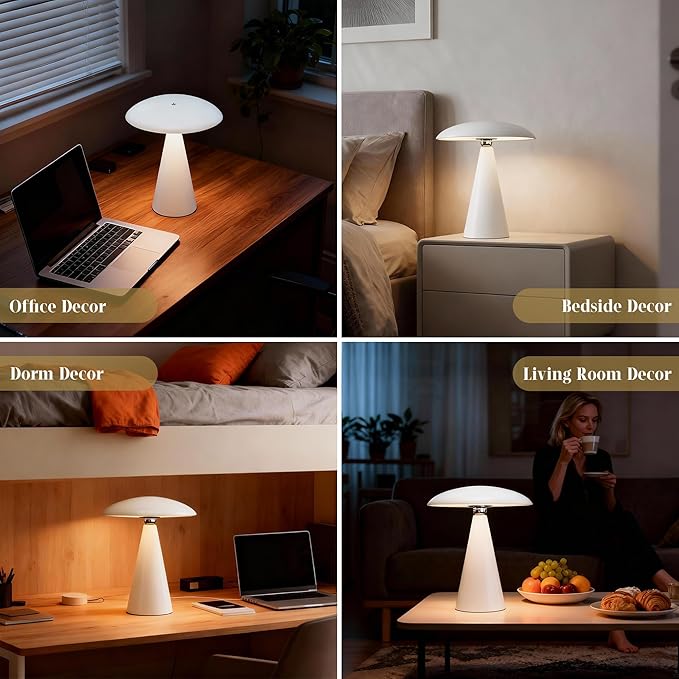 Mushroom Aesthetic Cute Lamp,Magnetic Mid Century Modern Lamp with 3-Mode Lighting for Unique Home Mushroom Decor,Cordless USB Rechargeable Lamps for Bedside/Dorm/Office/Entryway Decor(White)
