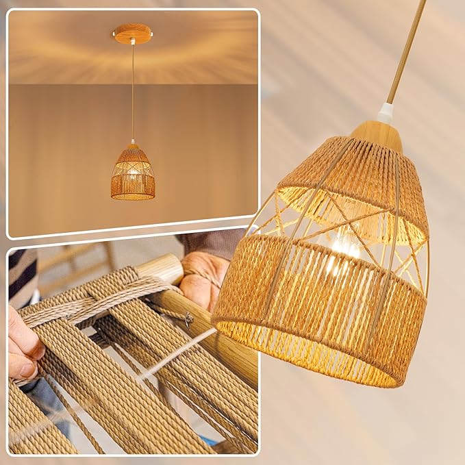2 Pack Boho Rattan Pendant Light Kitchen Island,Farmhouse Chandeliers Adjustable Height Hanging lamp for Dining Room,Kitchen Ceiling Lights Fixtures with Hand Woven Wicker Lampshade Lighting