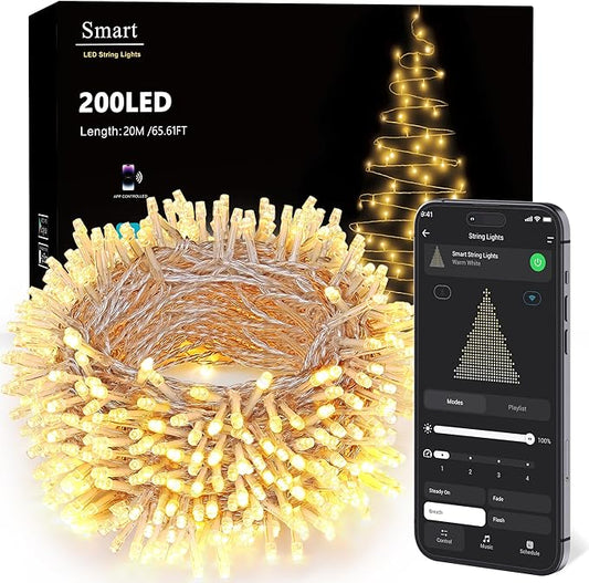 Brizled Smart Christmas Lights, 65.61ft 200 LED String Lights with APP & Voice Control, Dimmable WiFi Warm White Fairy Light Music Sync Xmas Tree Light Clear Wire for Home Christmas Tree Party Decor