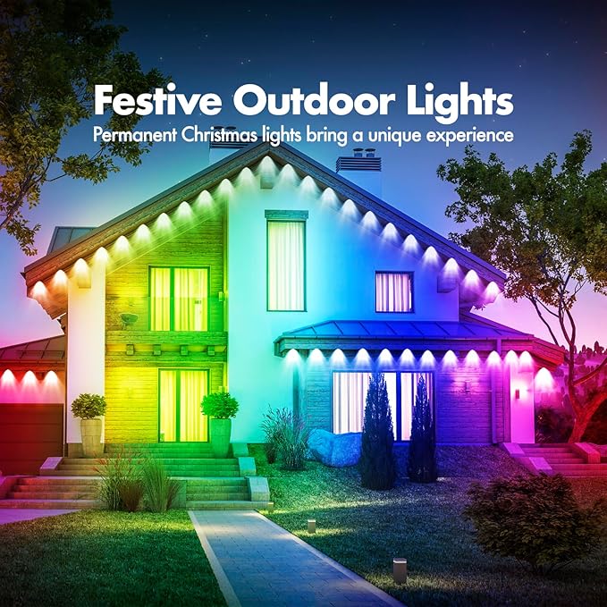100ft Permanent Outdoor Lights with 4 Control Methods, RGB Smart Plus Outside Year Round Led Lights for Home, Roof, Balcony, 72 Led Bulbs/IP6 Waterproof/Work with Google Assistant/Alexa