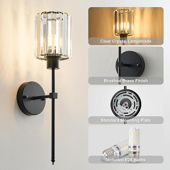 Hardwired Crystal Wall Sconces Set of Two - Dimmable Wall Light Fixtures 3000K, Warm White, for Hallway, Bathroom, Living Room, Bedroom, Black, 20.1 Inch