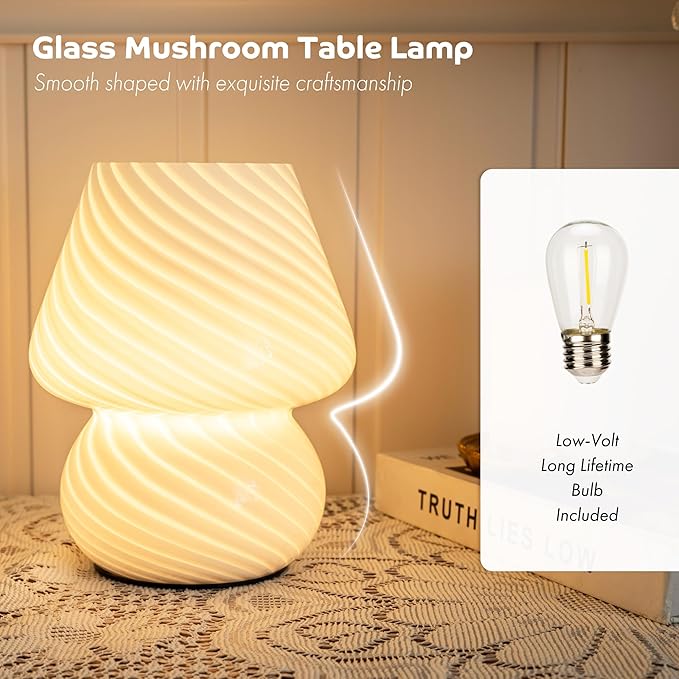 Battery Operated Mushroom Lamp - Vintage Small Table Lamp with Timer, Cordless Bedside Nightstand Lamp, Glass Battery Powered Lamp for Bedroom Kitchen Living Room Shelf Decor Aesthetic White