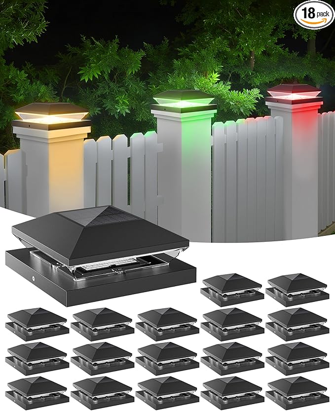 T-SUN Solar Post Cap Lights with Auto-Change Colors- for Wooden (4x4/6x6) & Vinyl (4x4/5x5) Posts | Weatherproof Outdoor Solar Fence Post Lights for Deck, Porch, Garden & Stairs(18-Pack,RGB)