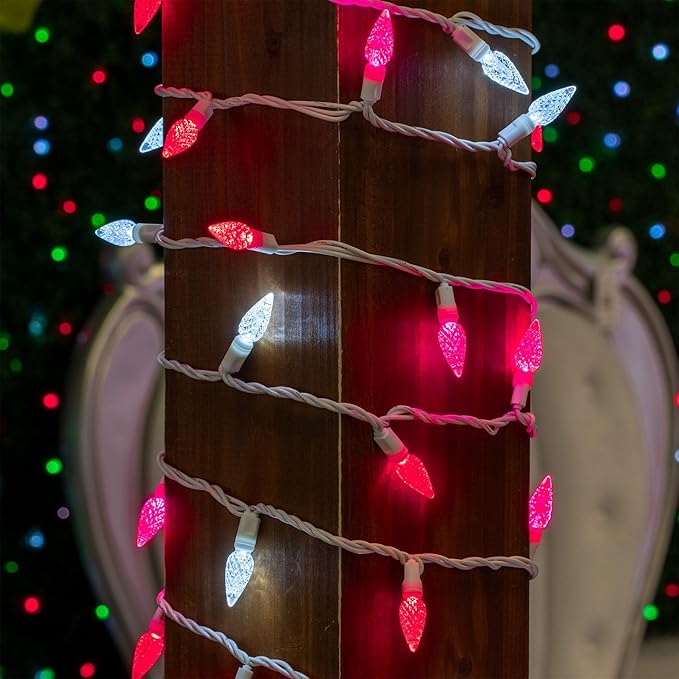70 Light 24Ft Valentine's Day Lights Commercial String Lights C6 LED Strawberry Faceted Bulb – Red/Pink/Pure Whtie, White Wire, Indoor/Outdoor, Full Wave No Flicker, Connect 43 Sets