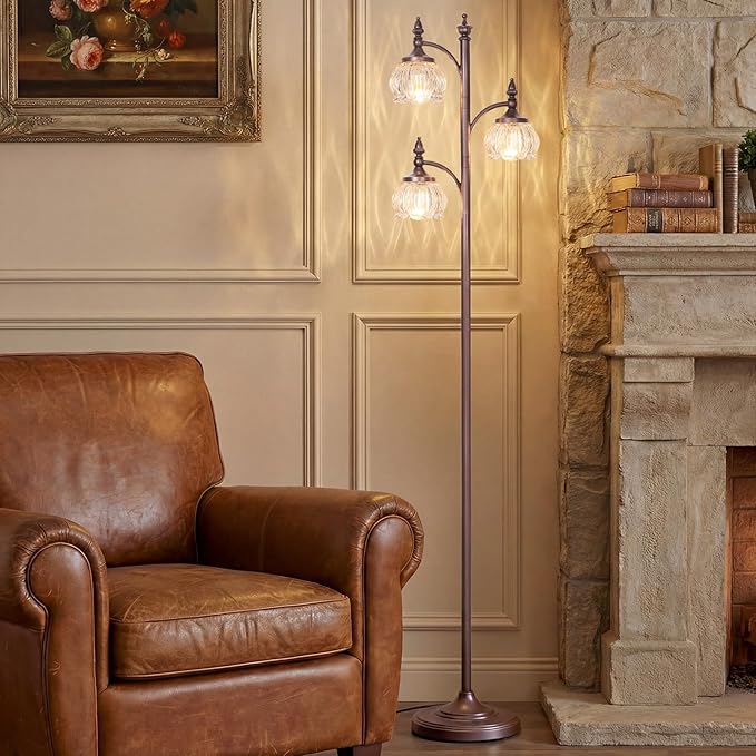 Brown Floor Lamps for Living Room Standing Lamp with 3 Brightness Lights Glass Shade 66.5in Flower Lamp for Bedroom Office Corner(3LED Bulbs Included)