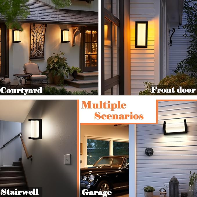 Black Outdoor Light Fixtures Wall Mount, IP65 Waterproof Porch Lights Outdoor Wall Sconce, 2 Pack Rectangular Modern Exterior Lighting Fixtures for House Front Door,3-Color Temperature