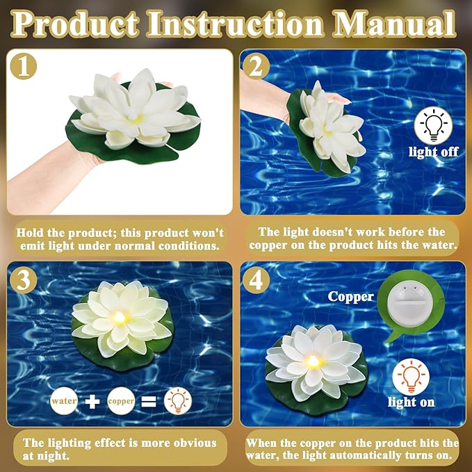 LACGO Waterproof Floating Lotus Light, 12PCS Floating Lily Light Water Activated Artificial Flowers Battery Operated for Wedding Pool Anniversary Garden Decoration(6 Inch, Mix-Color)