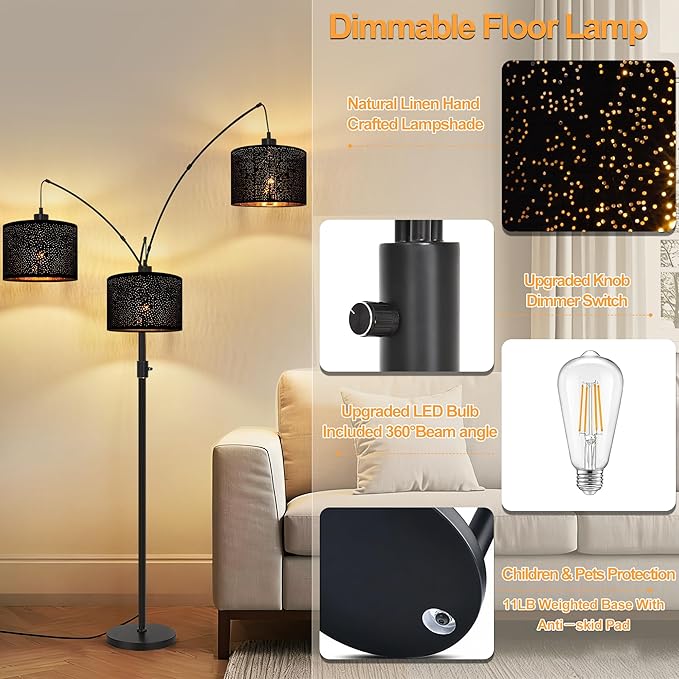 Dimmable Floor Lamp-3 Lights Arc Floor Lamps for Living Room,Modern Tall Standing Lamp With Black Drum Hollow-carved Linen Shades,Gothic Mid Century Tree Floor Lamp for Bedroom Corner,Bulbs Included