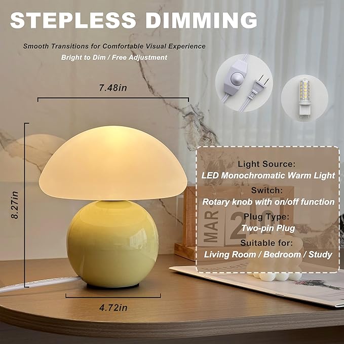 Mushroom Lamp Ceramic Base,Bedside Lamps White Cute 70s Mid Century Modern Decor Lamp for Bedroom,Small Abstract Table Bedside Glass Mood Coze Fun Warm Light