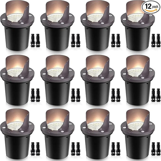 SUNVIE 12 Pack Low Voltage Landscape Lighting 12W LED Outdoor In-Ground Waterproof Shielded Well Lights Warm White Paver Lights with Wire Connectors for Pathway Garden Yard Fence Deck