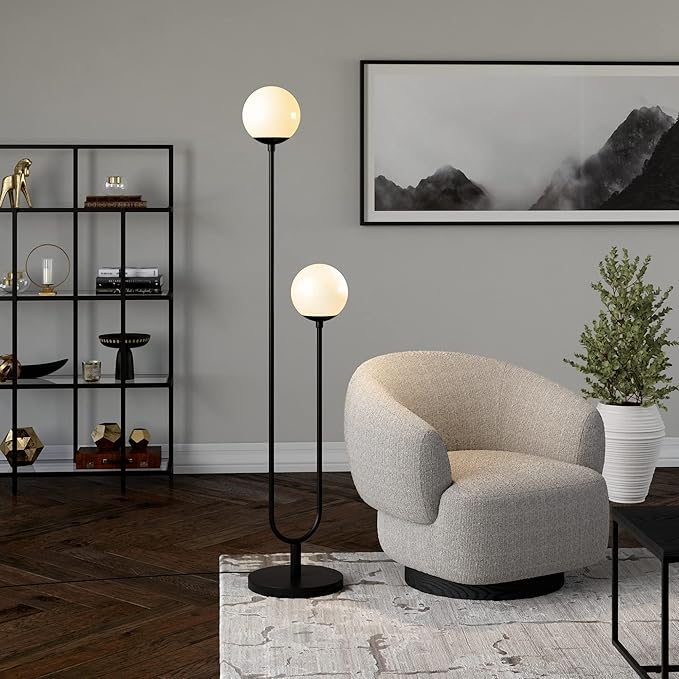 Henn&Hart 68.5" Mid-Century Modern 2-Light Floor Lamp with White Milk Glass Globe Shade for Living Room, Bedroom, or Office, Black