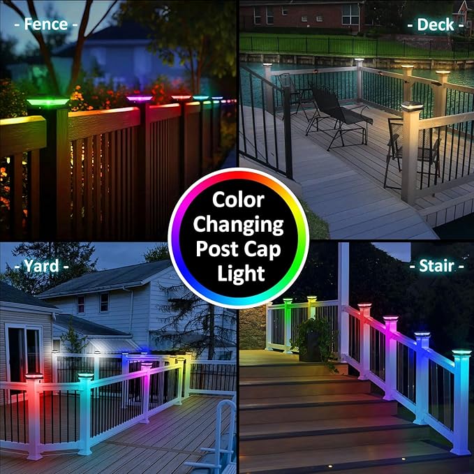 T-SUN Solar Post Cap Lights with Auto-Change Colors- for Wooden (4x4/6x6) & Vinyl (4x4/5x5) Posts | Weatherproof Outdoor Solar Fence Post Lights for Deck, Porch, Garden & Stairs(18-Pack,RGB)