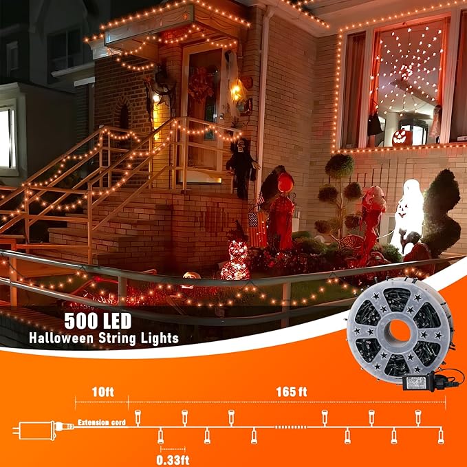 QITONG 165ft 500 LED Orange Christmas Lights, Thanksgiving String Lights Outdoor Waterproof with 8 Modes, Green Wire String Light Plug in Indoor with Timer Memory