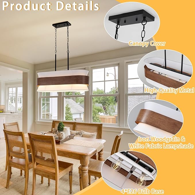 31.5" Farmhouse Kitchen Island Chandelier 4-Light Dining Room Light Fixture, 2-Tier Chandelier with Wood Grain Finish and White Fabric Shade, Adjustable Pendant Lights for Kitchen Island Over Table
