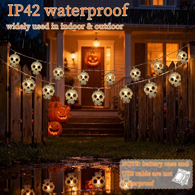 Halloween String Lights,15FT 30 LED Fairy Decor Lights USB & Battery Operated (Not Included) Cute Skull String Lights 2 Modes Waterproof Fall Light Decoration for 2025 Indoor Outdoor Home Party Garden