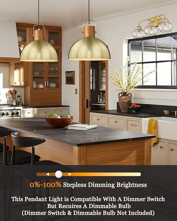 ELYONA Dome Pendant Light, 12" Rubber Wood Hanging Lamp with Vintage Gold Metal Shade, Mid Century Modern Pendant Light Fixtures for Kitchen Island Farmhouse Dining Living Room Hallway, Brushed Brass