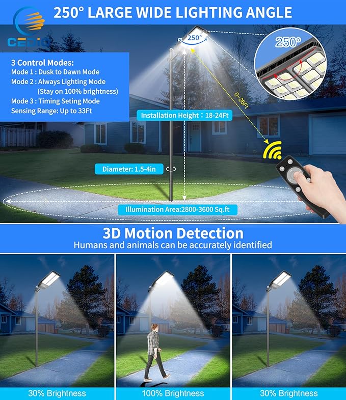 CEDIO Outdoor Solar Street Lights, Solar Lights IP66 Waterproof LED Street Light Dusk to Dawn, Flood Light with Motion Sensor for Yard (9800W-2PACK)