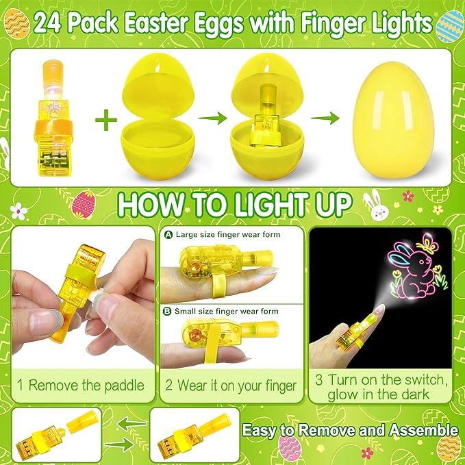 24 Pack Easter Party Favors for Kids, Easter Finger Lights Easter Basket Stuffers for Kid, Easter Egg Hunt Filling Treats Easter Basket Stuffers for Toddler Teens Boys Girls